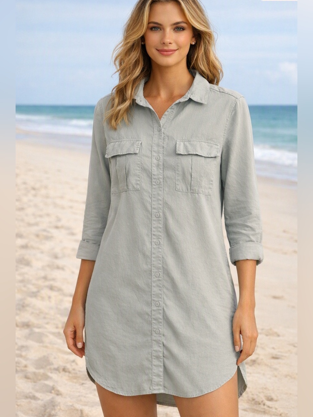 Anthropologie Tencel Lyocell Chambray Dress Button Front Pocket Travel Resort XS